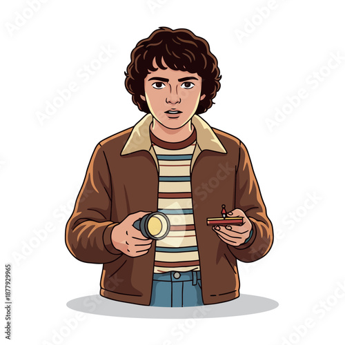 Illustration of Will Byers from Stranger Things holding a glowing flashlight and a small electronic device. Suspenseful mystery or adventure theme.