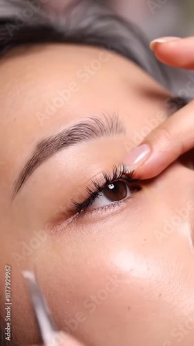 Close-up of hands using tweezers to apply false eyelashes