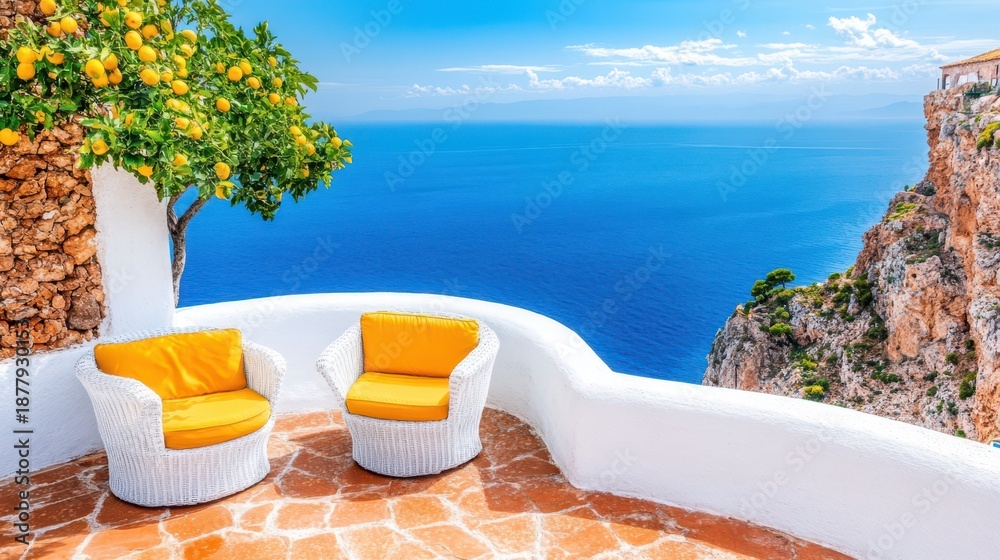 Fototapeta premium Seaside Terrace Serenity: Two inviting chairs on a sunny terrace overlooking a vast, sapphire sea and a majestic cliffside, offering a perfect blend of tranquility and scenic beauty.