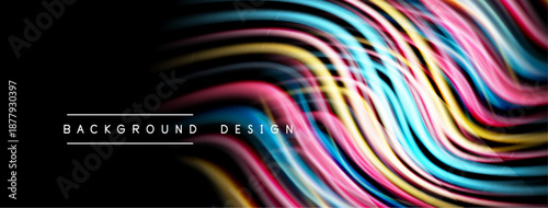 Abstract colorful waves flow across black background. Modern design elements create dynamic visual impact. Smooth curves suggest movement, energy.