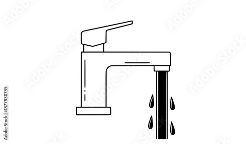 Minimalist Faucet Cartoon Line Art Vector with Flowing Water on White Background