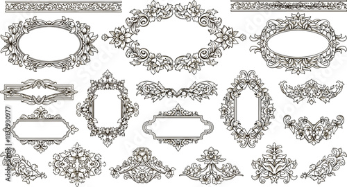  vector illustration of ornate vintage floral frames and embellishments in black line art with botanical scrollwork