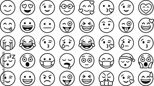 Emoji face icon set, black and white expressions, digital emotion graphics, communication theme, vector illustrations, reaction design