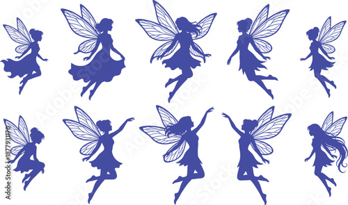 Fairy icon set, blue silhouette illustrations, magical winged poses, fantasy theme, vector graphics, folklore design, enchanted creatures