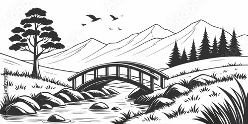 A black and white illustration of a serene landscape. A wooden arched bridge is centered, spanning a flowing river. The river flows from the foreground towards the middle ground. Large, smooth rocks a