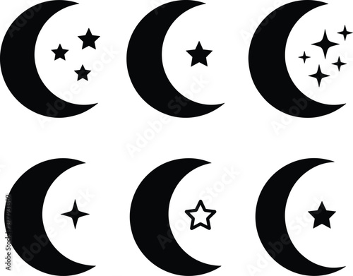 Moon and star icon set, black silhouette illustrations, crescent variations with celestial accents, night theme, vector graphics