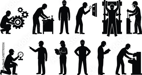 Industrial worker icon set, black silhouette illustrations, engineering and mechanical tasks, hard hat safety theme, vector graphics