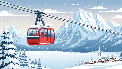 Ski resort vector illustration of a red cable car in a snowy mountain landscape with a village and pine trees