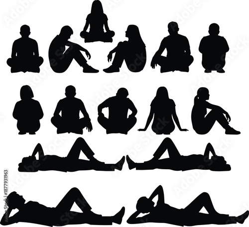 Seated and reclining pose icon set, black silhouette illustrations, human posture theme, vector graphics, ergonomic and gesture design