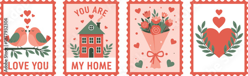 A charming collection of four Valentine's Day-themed stamp illustrations, featuring lovebirds, a cozy home, a floral bouquet, and a heart with leaves, all in a festive palette