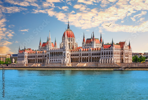 Wonderful sunset view of Hungarian Parliament building and Danube river in Budapest, Hungary