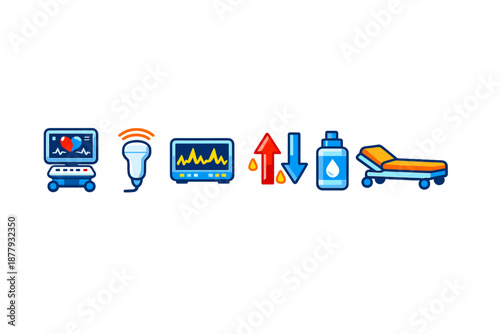 Medical Icons: ECG, Ultrasound, Monitor, Arrows, Medicine, Stretcher