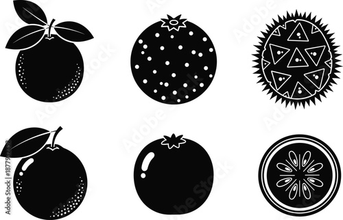 Wallpaper Mural Black fruit silhouette icons, orange, strawberry, durian, citrus slice, minimal vector illustration, healthy food symbols, tropical fresh produce collection Torontodigital.ca