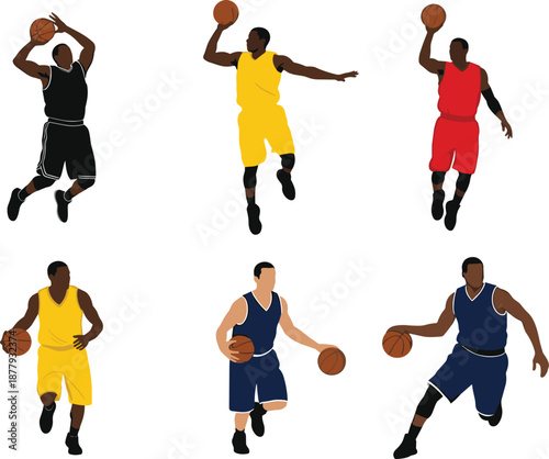 Six colorful basketball player vector illustrations in dynamic action poses showing dribbling, shooting, dunking, passing for sports design