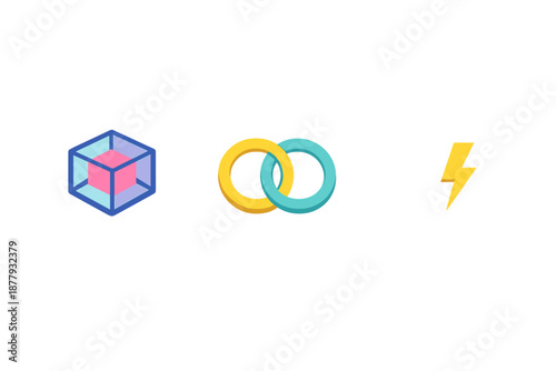 Abstract 3D icons: cube, interlocking rings, and lightning bolt