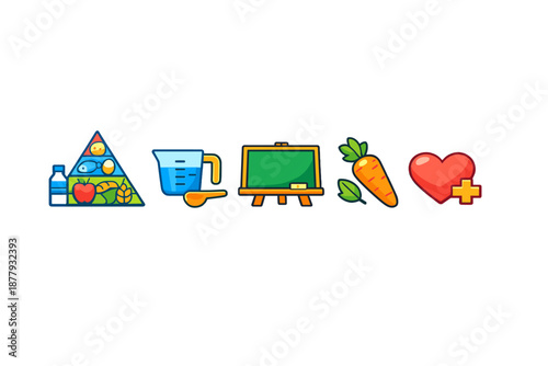 Healthy lifestyle icons: food pyramid, measurement, learning