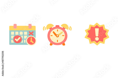 Three icons: calendar, alarm clock, and exclamation mark