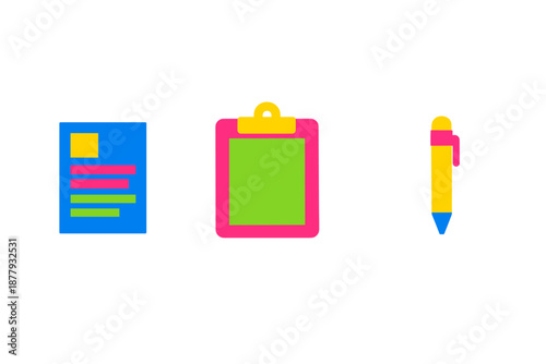 Abstract icons for document, clipboard, and pencil with neon glow