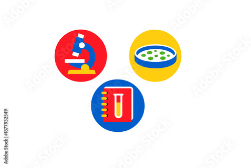 Science icons: microscope, petri dish, and test tube