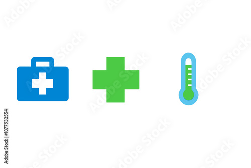 Medical icons: first aid kit, plus symbol, thermometer