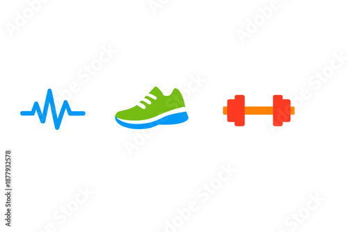 Fitness icons: heartbeat, shoe, dumbbell with neon glow