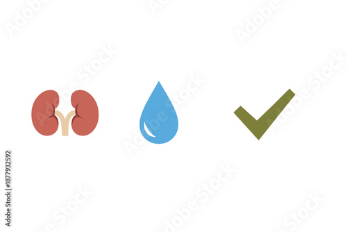 Kidney, water drop, and checkmark icons with glowing effects