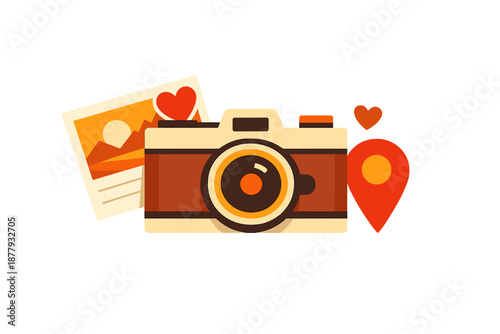 Retro Camera, Photo, and Location Pin with Hearts
