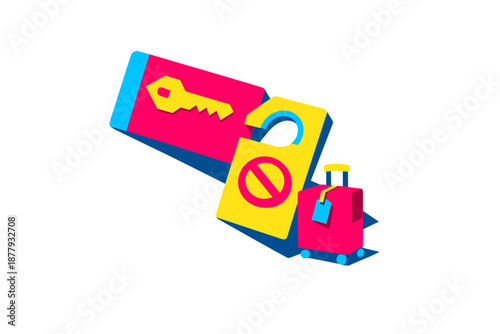 Hotel key card, do not disturb sign, and luggage icon in vibrant