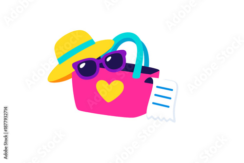Summer accessories, beach bag, hat and sunglasses with glowing effect
