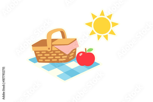 Picnic basket, apple, and sun on checkered blanket