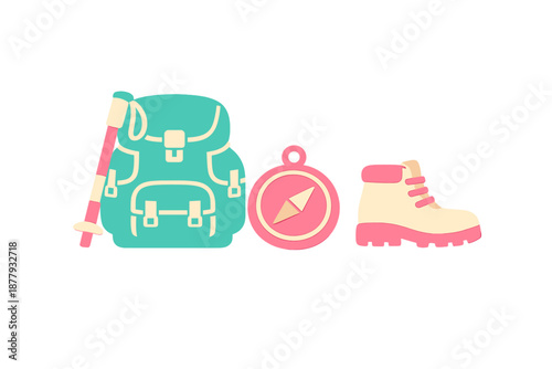 Backpack, compass, and hiking boot icons with glow effect