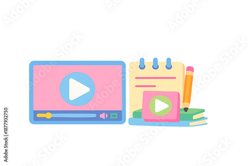 Digital learning and study icons: video player, notebook and pencil