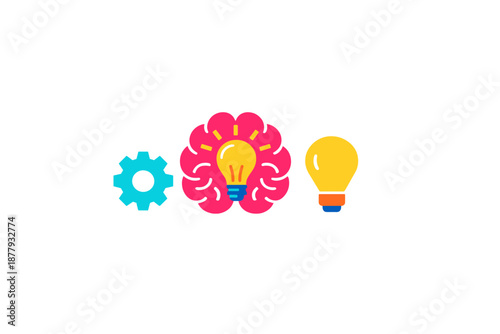 Brain with light bulbs and gear symbolizing ideas and thinking