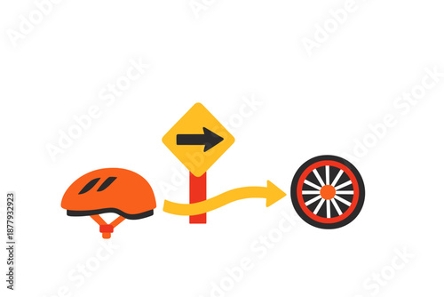 Cycling safety concept: helmet, sign, and wheel