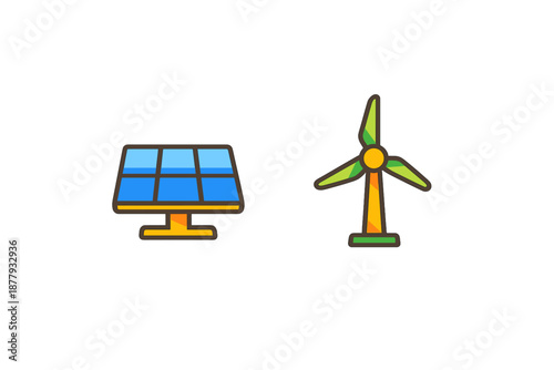 Solar panel and wind turbine icons on a dark background