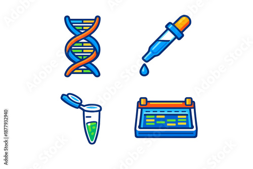 Set of four science and research icons glowing on dark background