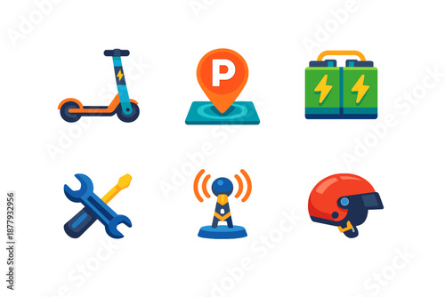 Electric scooter icons set with glowing effect