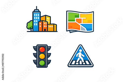 City icons: buildings, map, traffic light, and crosswalk sign