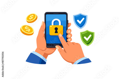 Smartphone security and finance concept with coins and shields