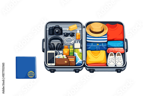 Open suitcase packed for travel with clothing and accessories
