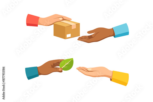 Hands exchanging a package and a leaf, representing trade and nature