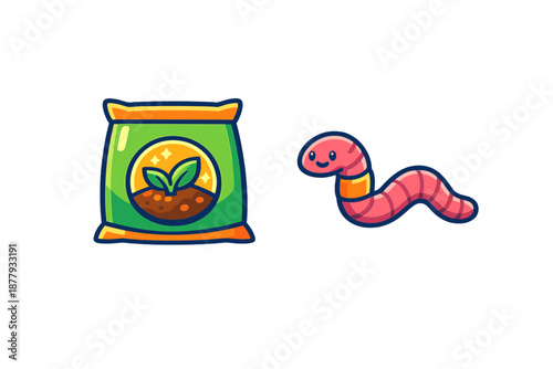Cute cartoon bag of soil with a seedling and a smiling earthworm