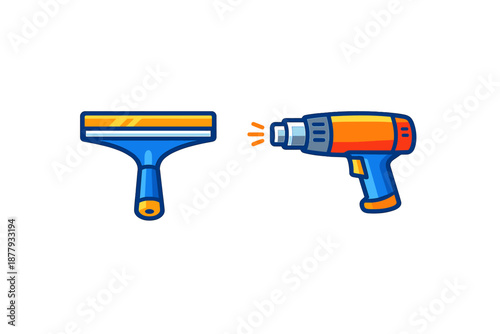 Window squeegee and heat gun on a grey background