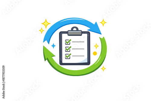 Clipboard with checklist and circular arrows, symbolizing task