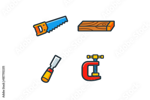 Set of four carpentry tools on a dark background