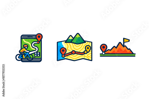 Set of icons representing cycling routes and mountain adventure