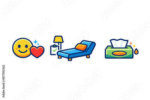 Mental health and wellness symbols: smiley, therapy couch, tissues