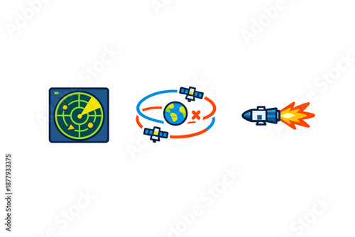 Concept art: radar, satellites around Earth, and missile launch