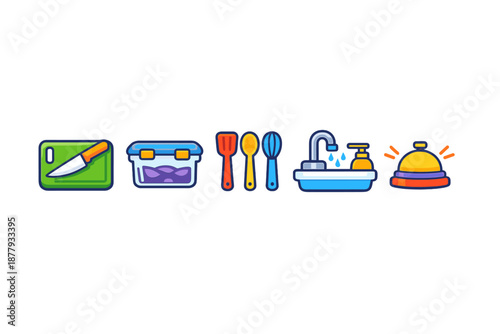 Collection of cartoon kitchen icons on a blurred background