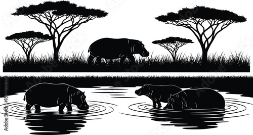 African safari landscape silhouettes, hippopotamus in savanna and river, acacia trees, wild animal silhouettes, nature conservation vector, isolated black wildlife scene elements,